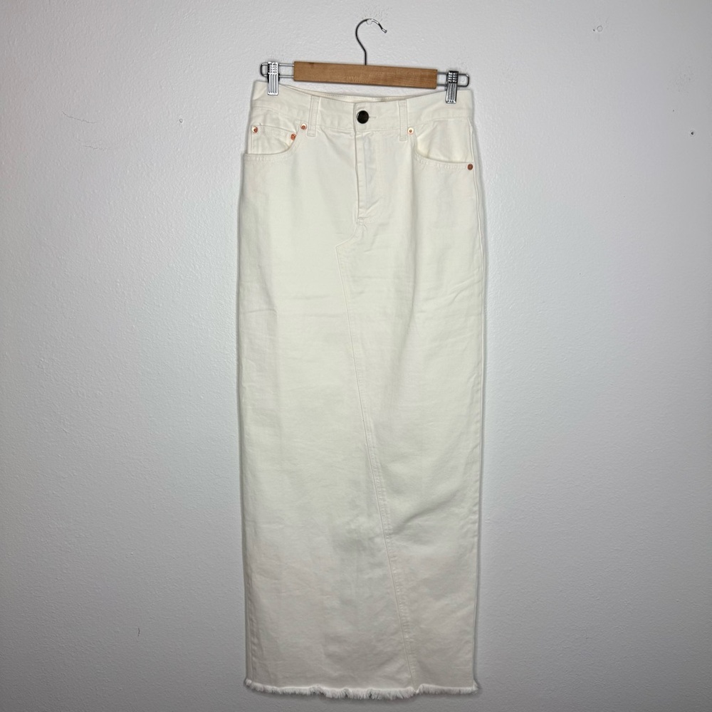 Raey White Organic‎ Cotton Split Raw Hem Paneled Denim Maxi Skirt